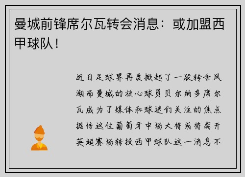 曼城前锋席尔瓦转会消息：或加盟西甲球队！